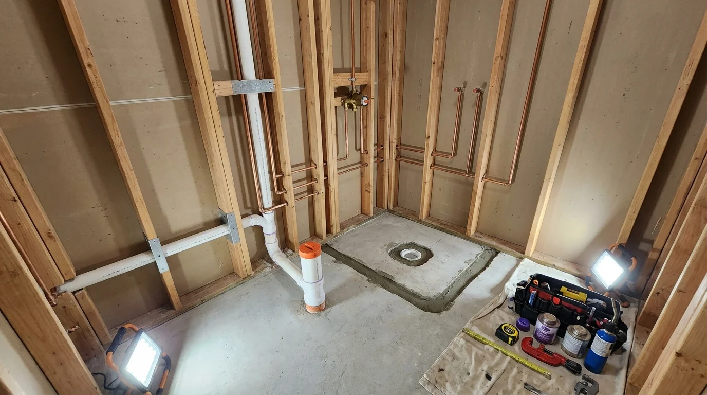 Bathroom rough-in plumbing during remodel by Johns Plumbing LLC in Trexlertown