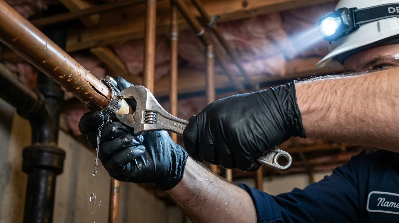 Emergency pipe clamp repair being performed by a Johns Plumbing LLC plumber in Trexlertown