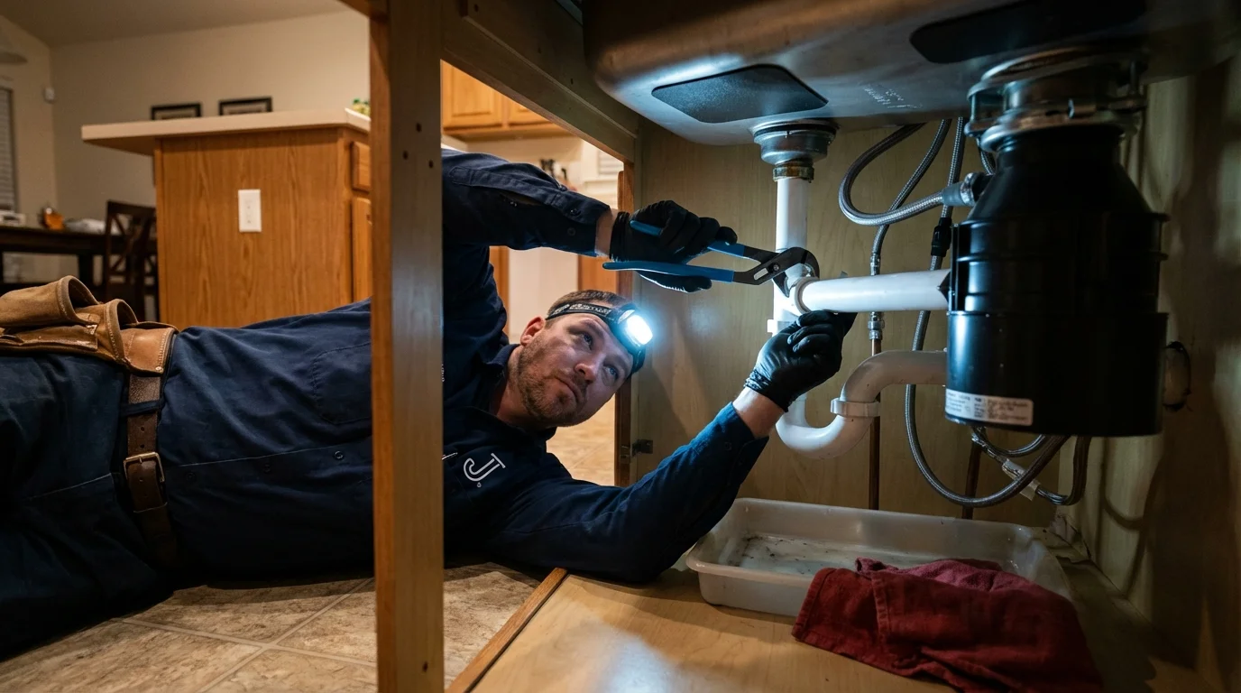 P-trap and supply line connections under a kitchen sink showing a common leak point in Trexlertown, PA